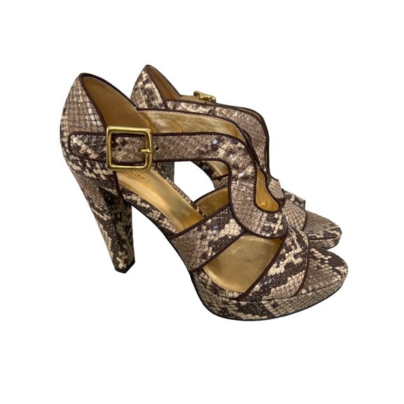 Coach Ivanah Snake Print Pumps Women 7.5 Peep Toe Beige Brown Animal Print Chic - Picture 2 of 11